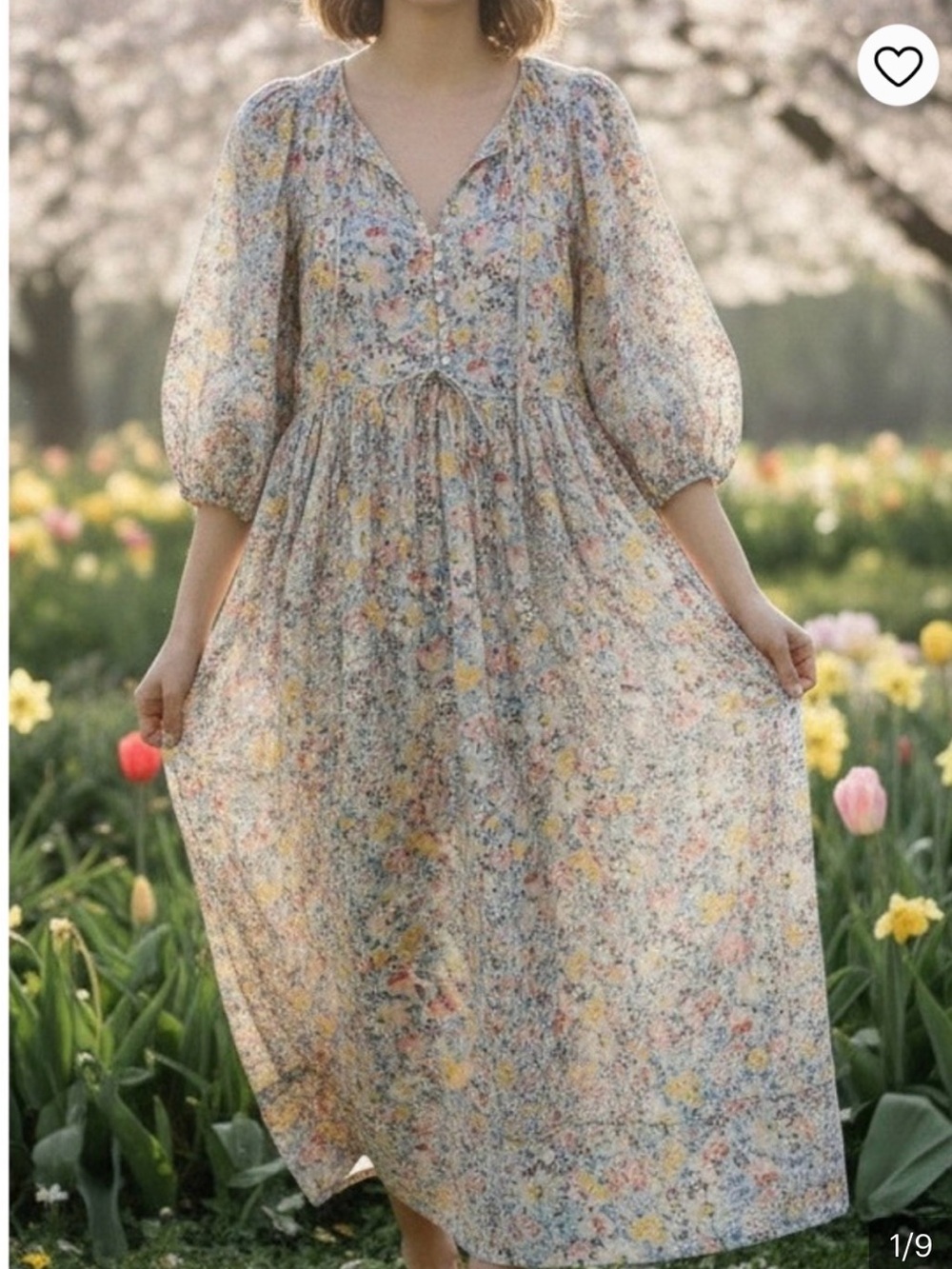 THE GREAT. Floral Midi Dress in Cream, Yellow, Pink, and Blue